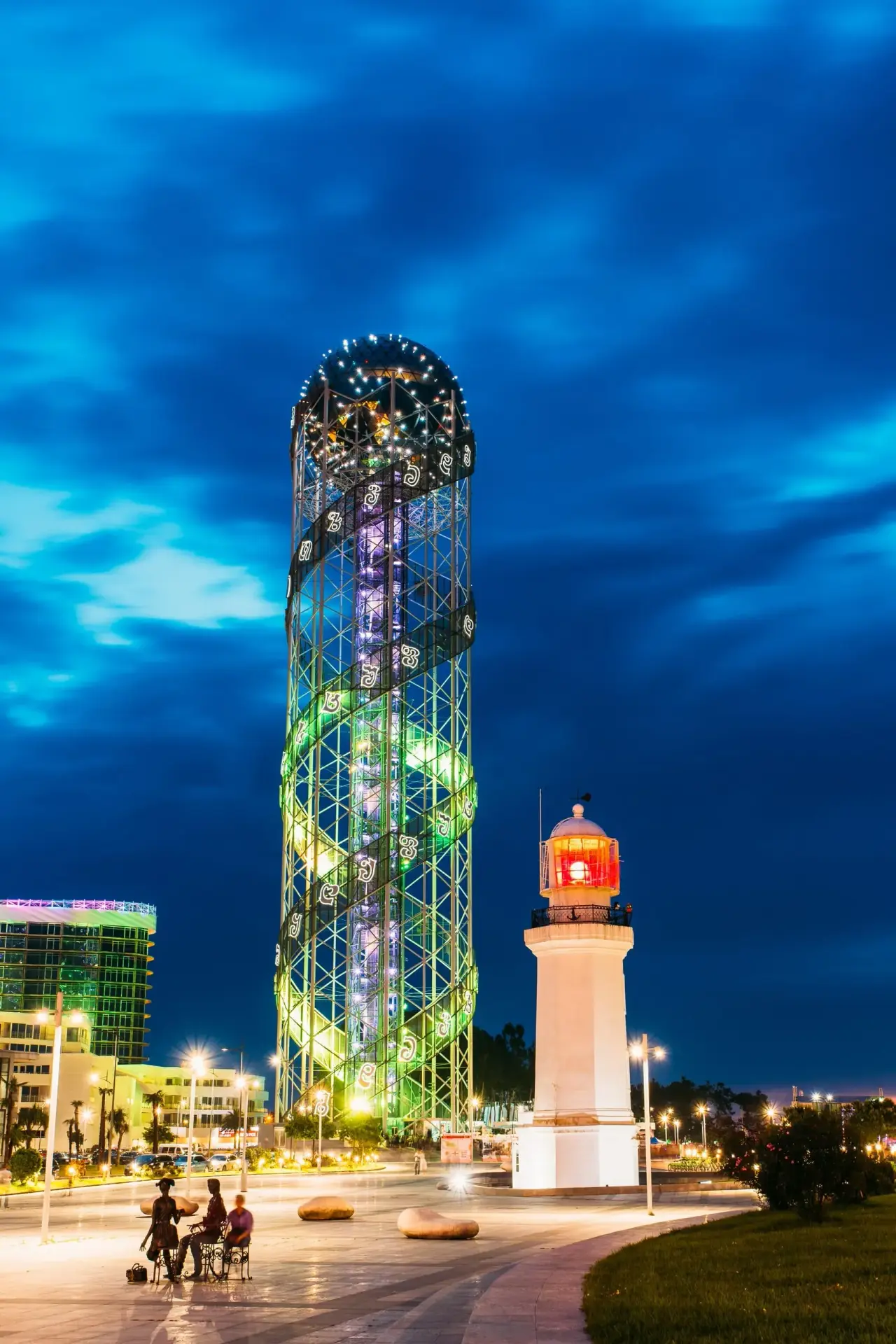 Batumi Alphabet Tower illuminated at night on Black Sea coast Georgia