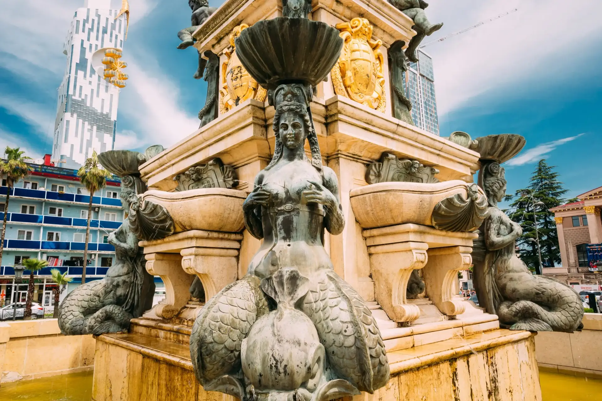Neptune Fountain in Batumi park, scenic water feature Adjara Georgia