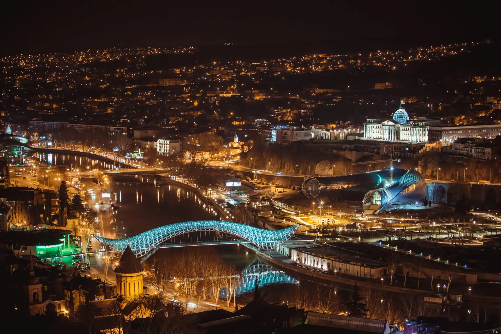 Tbilisi Old Town illuminated at night with historic streets in Georgia capital